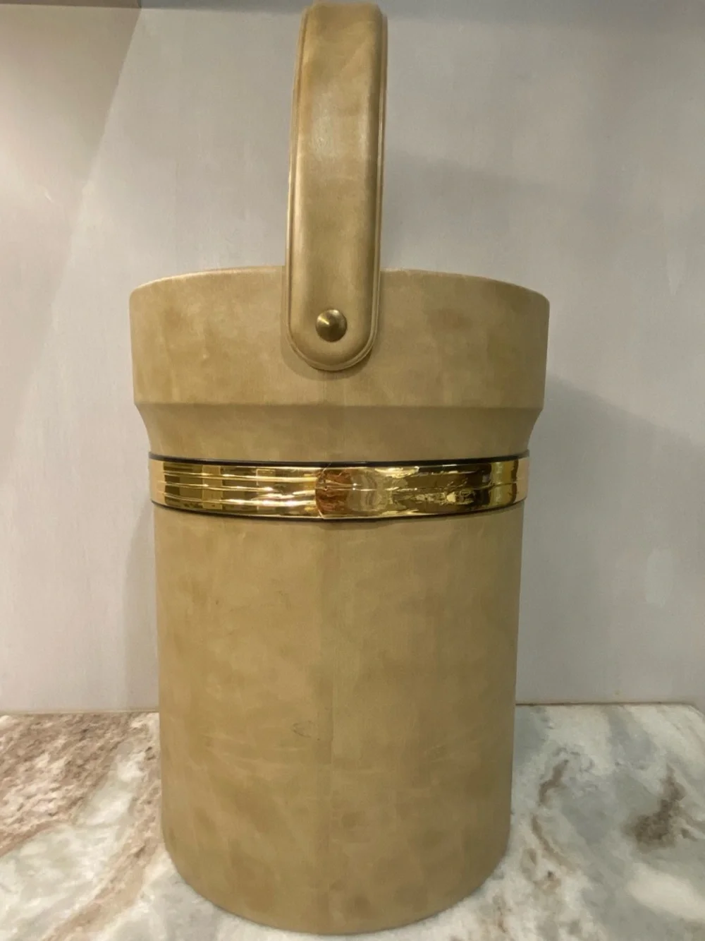 Vintage Shelton Ware MCM Faux Leather Ice Bucket Gold Trim